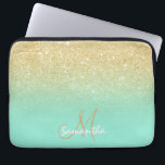 Modern gold ombre mint green block personalised laptop sleeve<br><div class="desc">A stylish and modern custom and personalised design with name and modern monogram on a chic faux gold ombre glitter and bright mint green colour block. A glam and  custom design. This is a printed image,  there are no glitter elements or shine to it.</div>