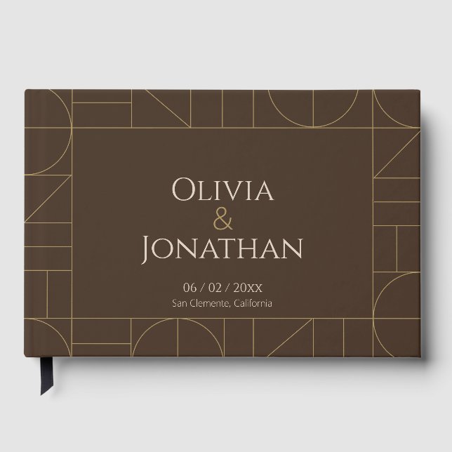 Modern Gold Ornaments Dark Brown Wedding Guest Book (Front)