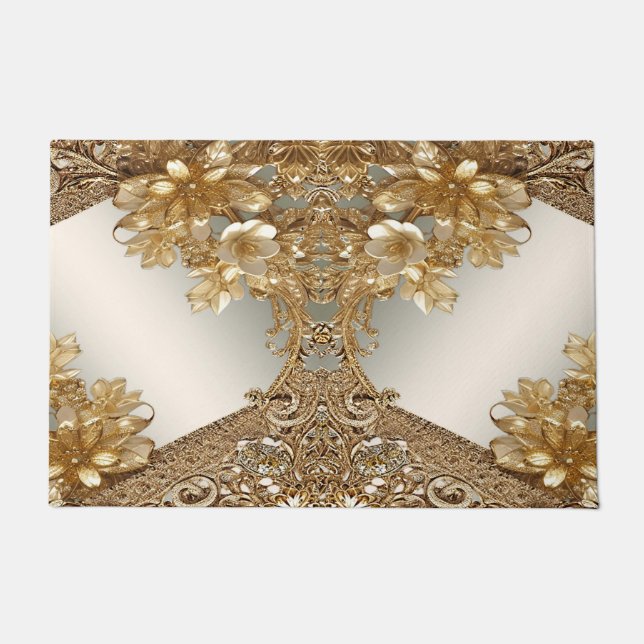 Modern Gold Ornate Floral Doormat (Front)