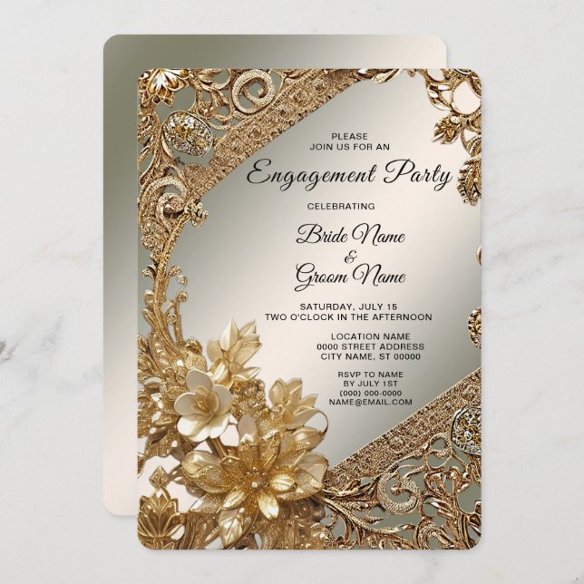 Modern Gold Ornate Floral Engagement Invitation (Front/Back)