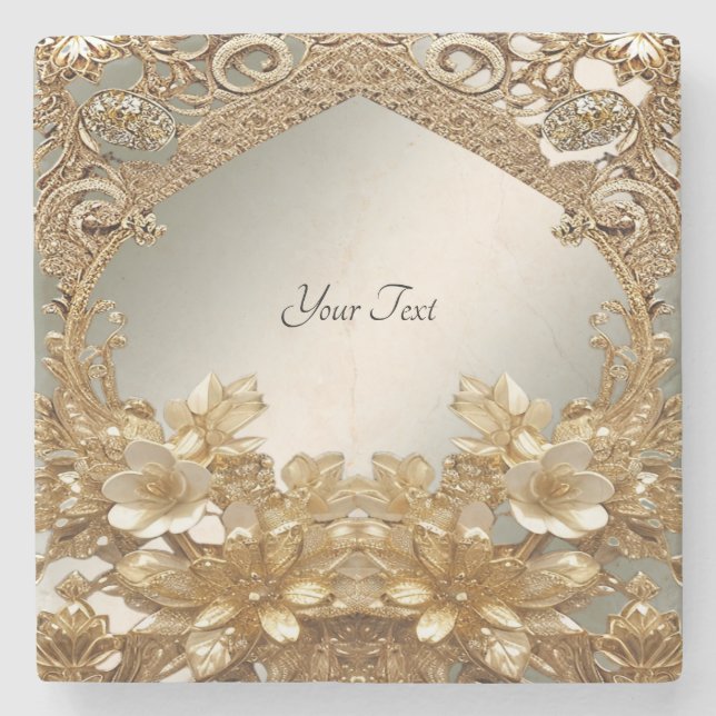 Modern Gold Ornate Floral Stone Coaster (Front)