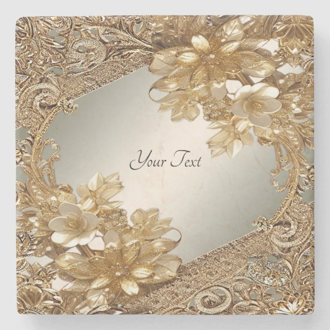Modern Gold Ornate Floral Stone Coaster (Front)