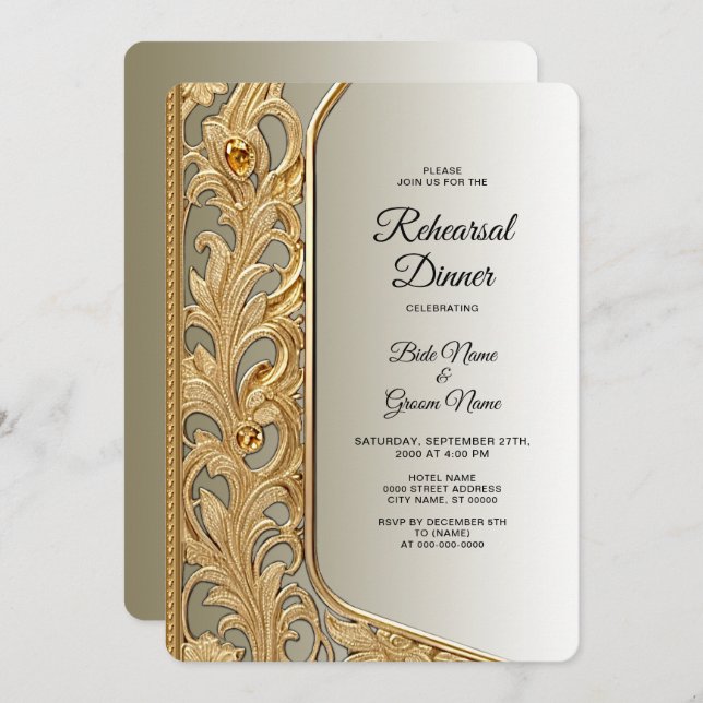 Modern Gold Ornate Rehearsal Dinner Invitation (Front/Back)