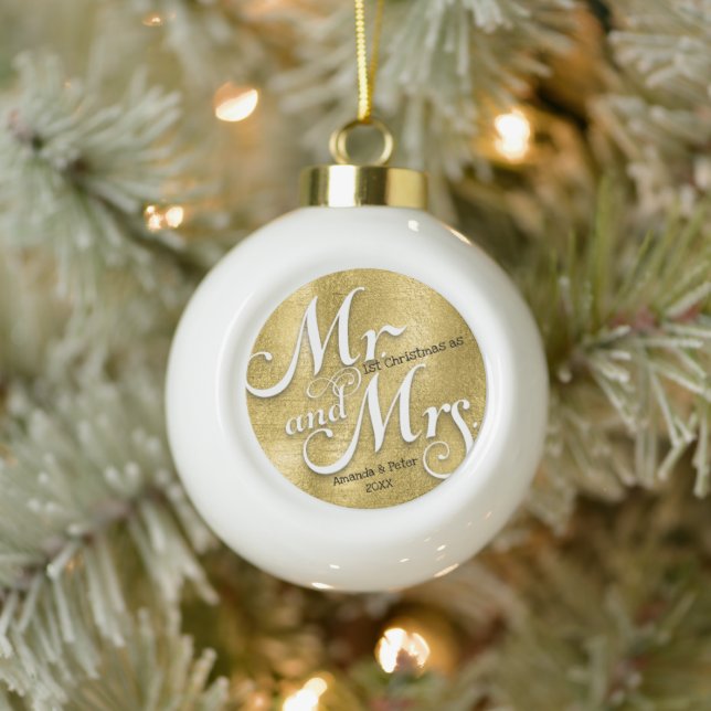 Modern gold our first Christmas Newlywed photo  Ceramic Ball Christmas Ornament (Tree)