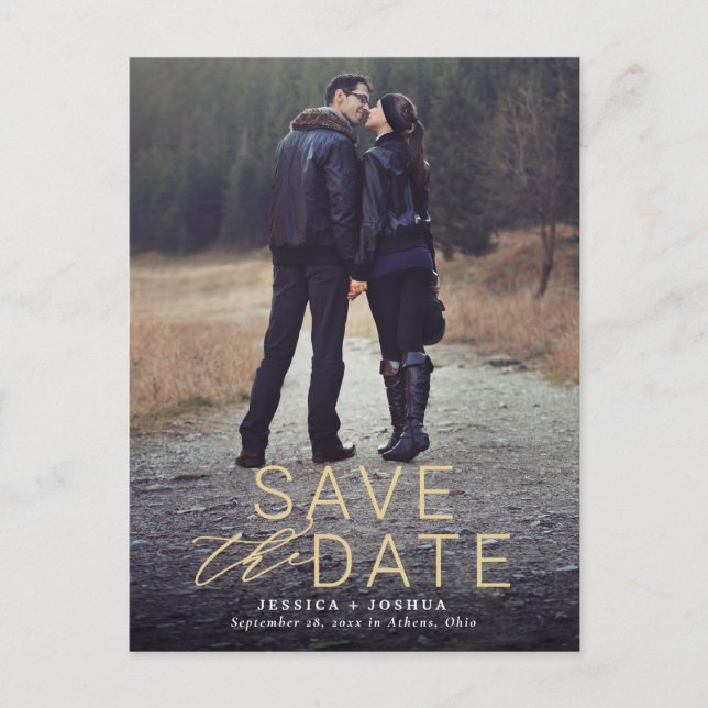 Modern Gold Overlay Full Photo Save the Date Postcard (Front)