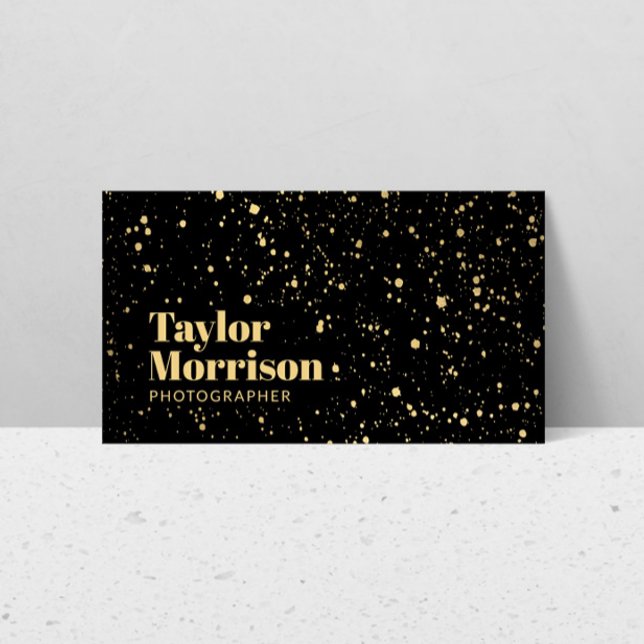 Modern Gold Paint Splatter Pattern on Black Business Card (Creator Uploaded)