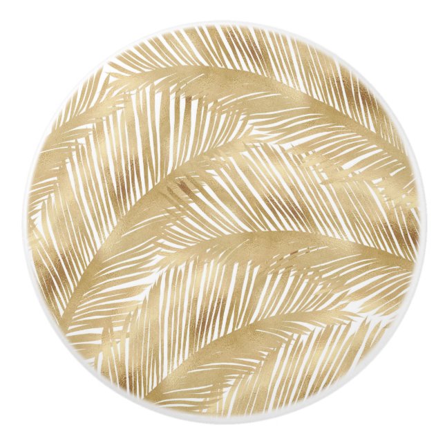 Modern Gold Palm Leaf Tropical Pattern Ceramic Knob (Front)