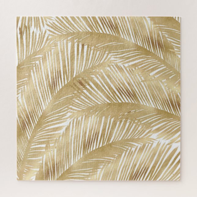 Modern Gold Palm Leaf Tropical Pattern Jigsaw Puzzle (Vertical)