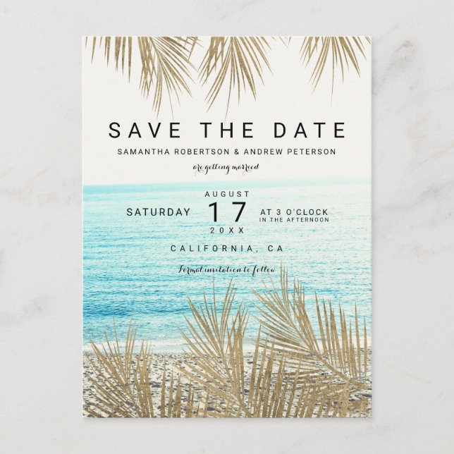 Modern gold palm tree beach photo save the date announcement postcard (Front)
