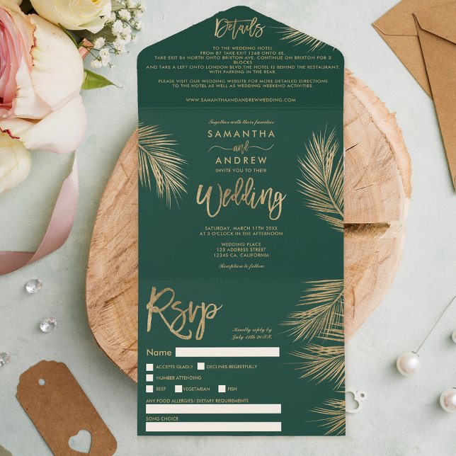 Modern gold palm tree tropical green wedding all in one invitation (Creator Uploaded)