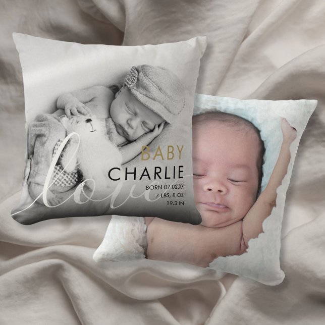 Modern Gold Photo Baby Birth Stats Announcement Cushion (Modern Gold Photo Baby Birth Stats Announcement Throw Pillow)