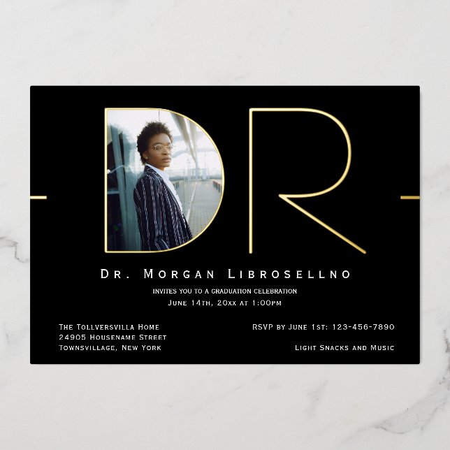 Modern Gold Photo DR Graduation Foil Invitation (Front)