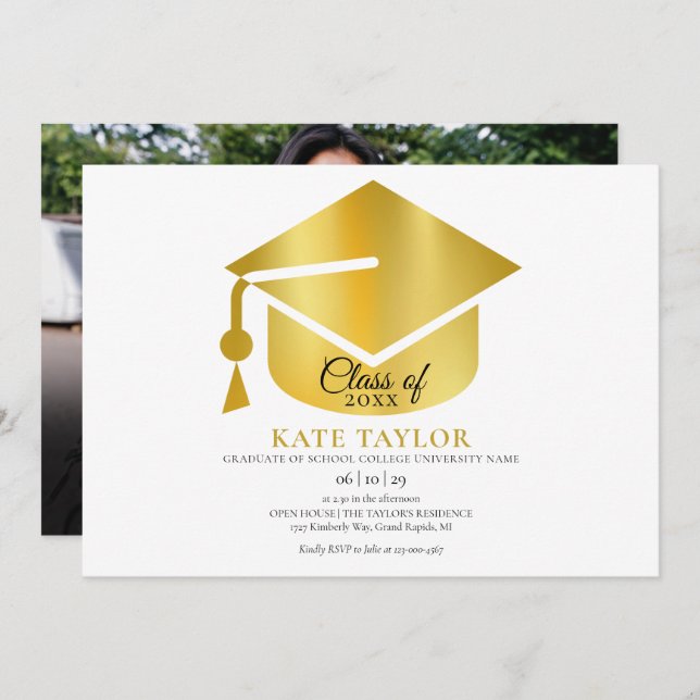 Modern Gold Photo Graduation Party Invitation (Front/Back)