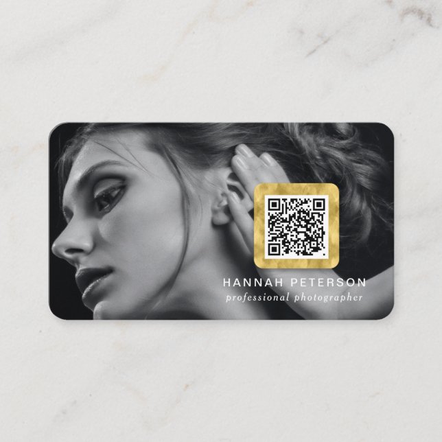 Modern Gold Photo networking scannable QR code Business Card (Front)