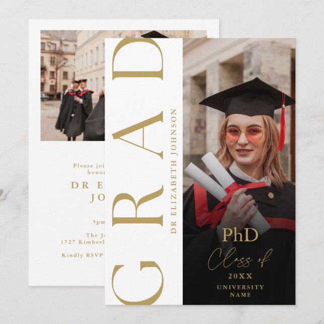 Modern Gold Photo PhD Degree Graduation Party Invitation (Front/Back)