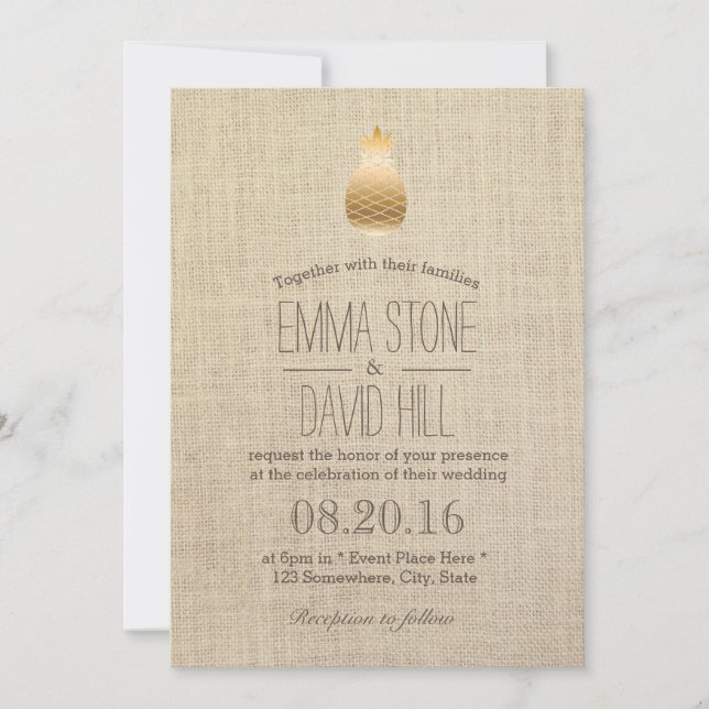 Modern Gold Pineapple Rustic Burlap Wedding Invitation (Front)