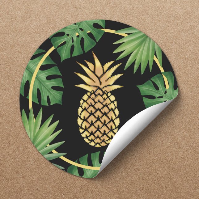 Modern Gold Pineapple Tropical Leaves Spa Salon Classic Round Sticker (Creator Uploaded)
