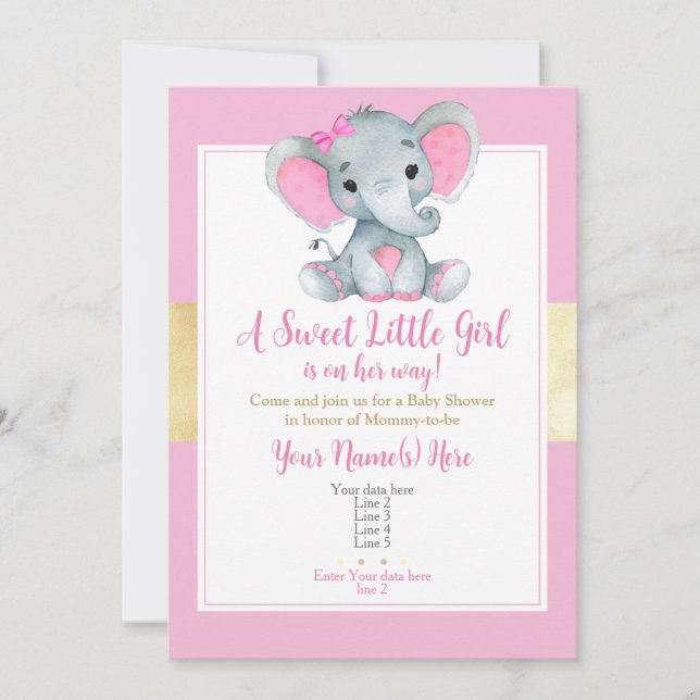 Modern Gold Pink Baby Girl Elephant Invitation  (Front)