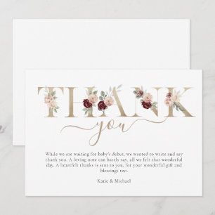 Modern Gold Pink Floral Baby Shower  Thank You Car Card
