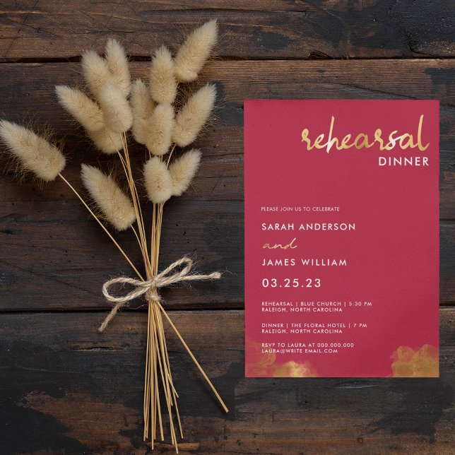 Modern Gold Pink Magenta Wedding Rehearsal Dinner Invitation (Creator Uploaded)