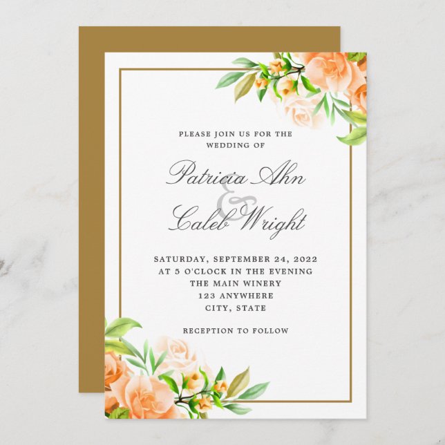 Modern Gold Pink Orange White Floral  Wedding  Invitation (Front/Back)