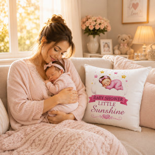 Modern Gold Pink Stars Little Sunshine Baby Shower Cushion