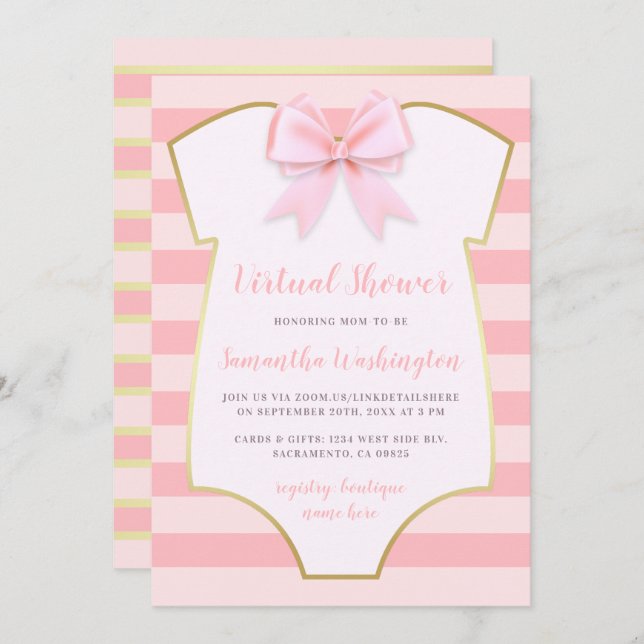 Modern Gold & Pink Stripes Bow Virtual Shower Invitation (Front/Back)