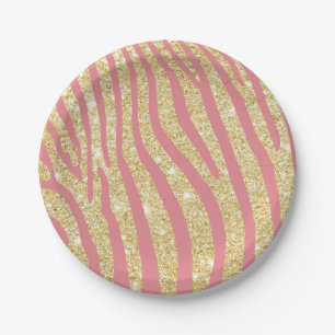 Modern Gold & Pink Zebra Stripes Girly Paper Plate