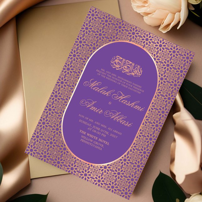 Modern Gold Purple Islamic Muslim Wedding  Invitation (Creator Uploaded)