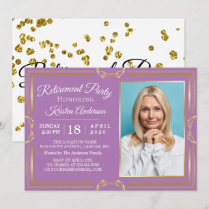 Modern Gold Purple Photo Retirement Party Invitation