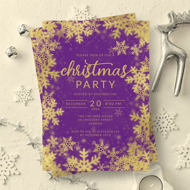Modern Gold Purple Snowflakes Company Christmas  Invitation (Modern Gold Purple Snowflakes Company Christmas Invitation)