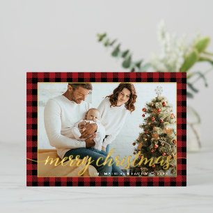 Modern Gold Red black plaid photo Christmas