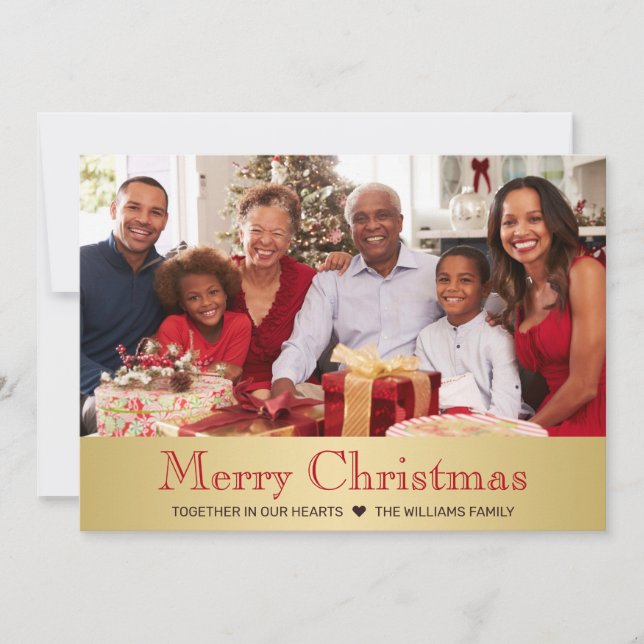 Modern Gold Red Botanical Christmas Family Photo Holiday Card (Front)