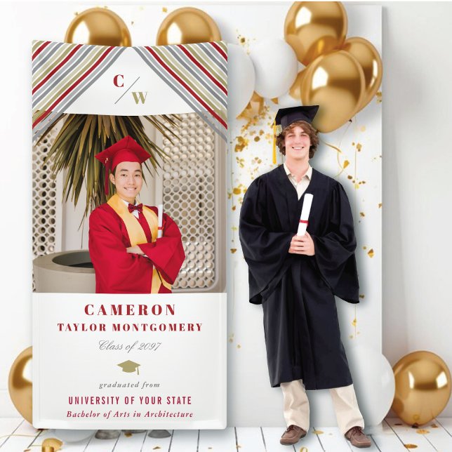 Modern Gold Red Diagonal Stripes Photo Graduation Banner (Modern Classic Gold & Red Diagonal Stripes Photo Graduation Banner @ zazzle.com/color_therapy)