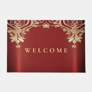 Modern Gold Red Floral Doormat