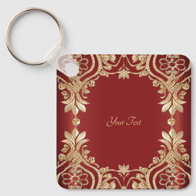 Modern Gold Red Floral Keychain (Front)