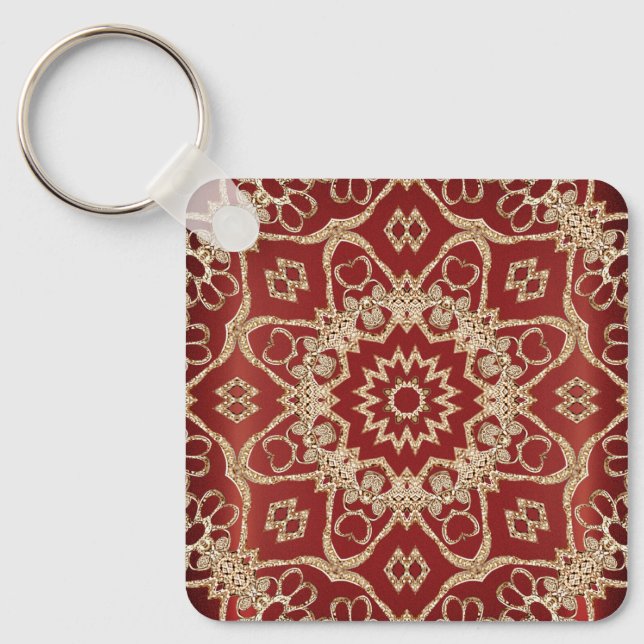 Modern Gold Red Floral Keychain (Front)