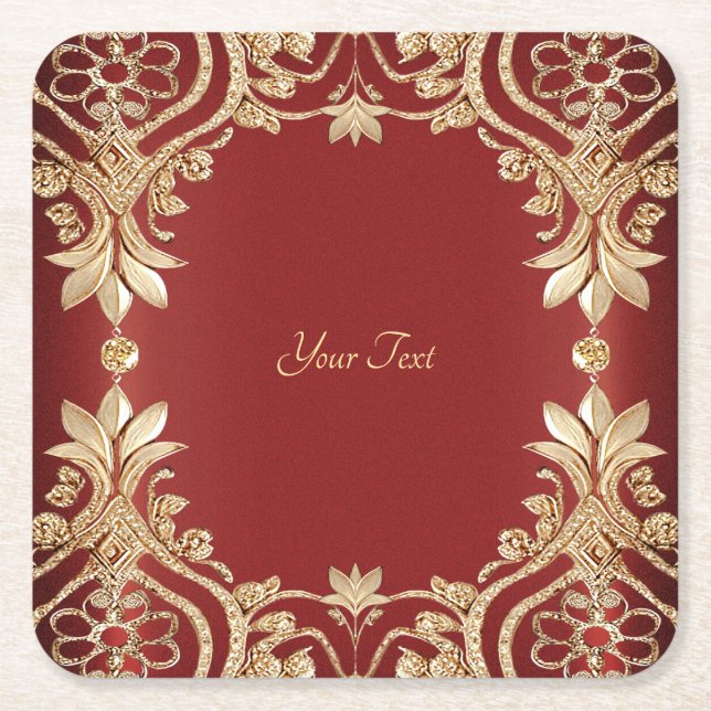 Modern Gold Red Floral Paper Coaster (Front)