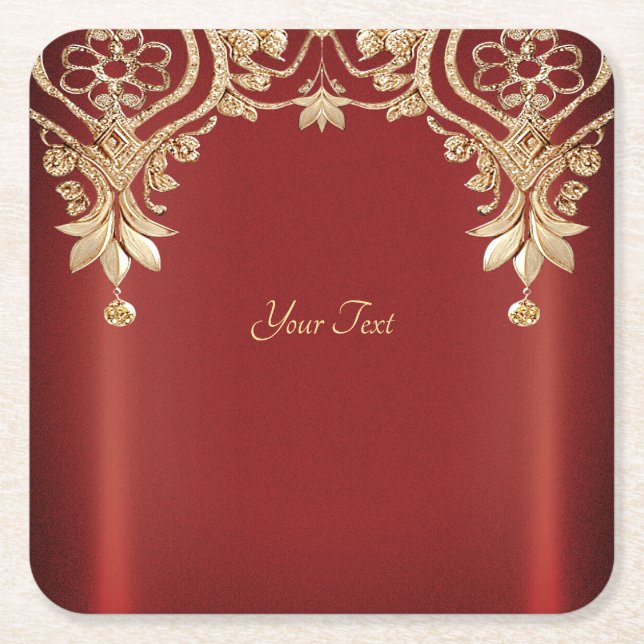 Modern Gold Red Floral Paper Coaster (Front)