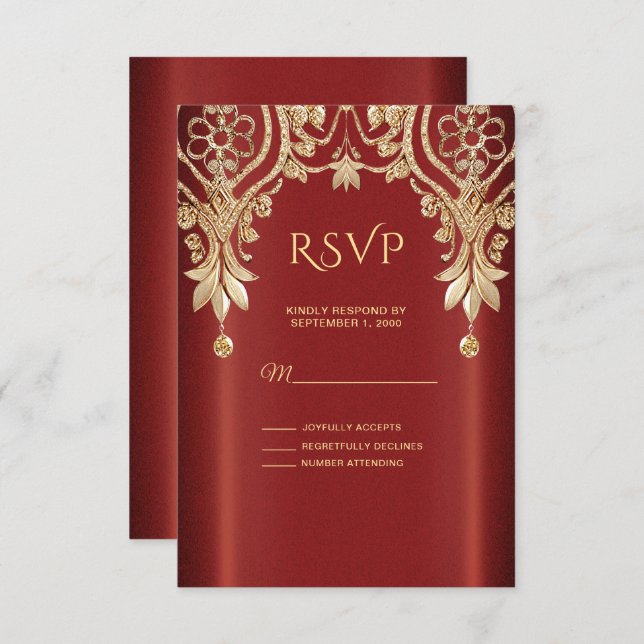 Modern Gold Red Floral RSVP Card (Front/Back)