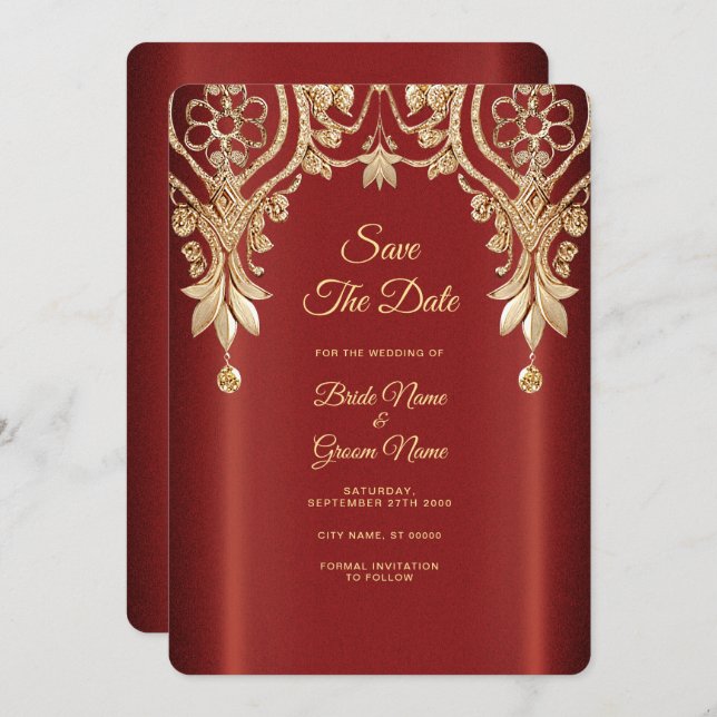 Modern Gold Red Floral Save The Date (Front/Back)