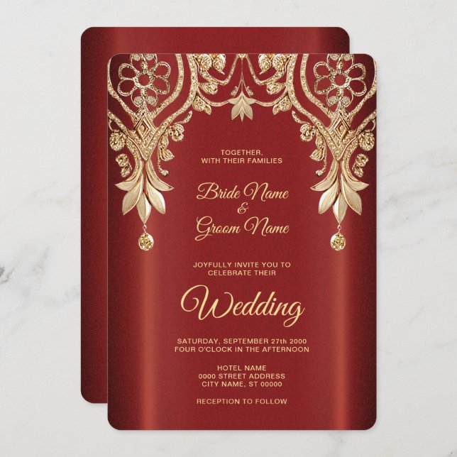 Modern Gold Red Floral Wedding Invitation (Front/Back)