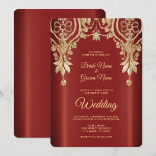 Modern Gold Red Floral Wedding Invitation