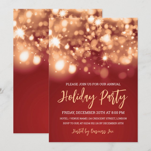 Modern Gold Red Lights Corporate Holiday Party Invitation (Front/Back)