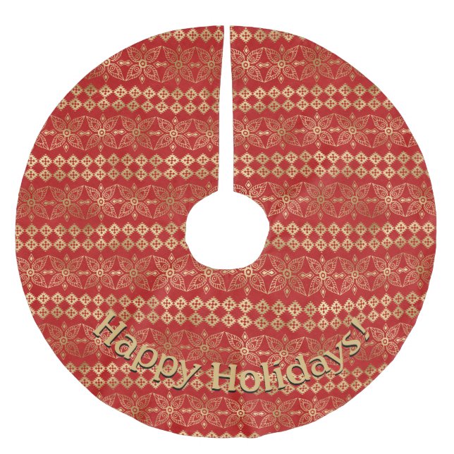 Modern Gold & Red Pattern Customisable Message Brushed Polyester Tree Skirt (Front)