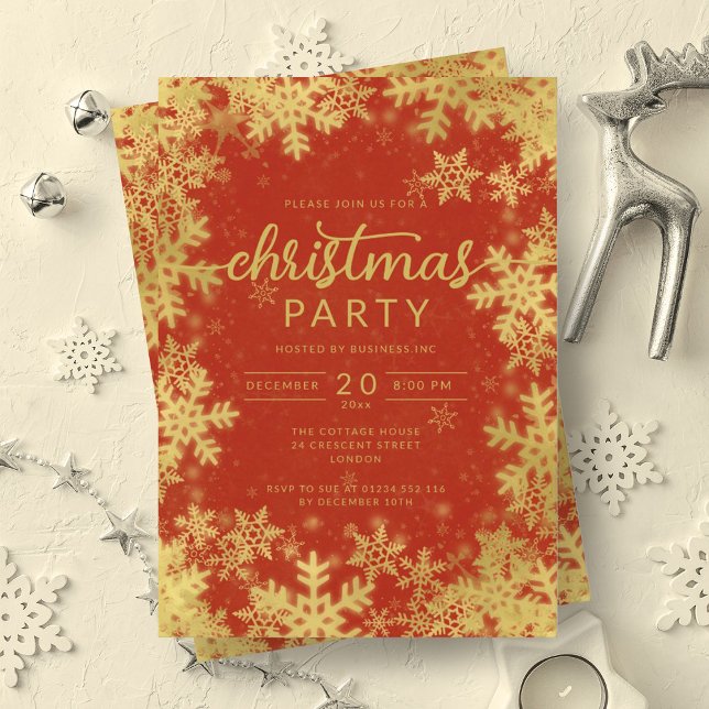 Modern Gold Red Snowflakes Company Christmas  Invitation (Modern Gold Red Snowflakes Company Christmas Invitation)