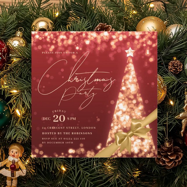 MODERN Gold Red Winter Christmas Tree Bow Party  Invitation (MODERN Gold Red Winter Christmas Tree Bow Party Invitation)