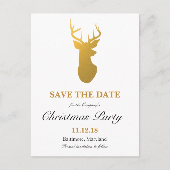 Modern Gold Reindeer Save The Date Christmas Party Announcement Postcard (Front)