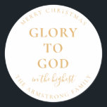 Modern Gold Religious Christmas Gift Classic Round Sticker<br><div class="desc">This modern, religious Christmas gift sticker features a gold and white colour palette and the words "Glory to God in the Highest" and "Merry Christmas" and your name written in a classic serif font and handwritten calligraphy script. TDesigned to match my Gold Simplicity Christmas collection. Be sure to browse the...</div>