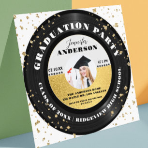 Modern Gold Retro Vinyl Record Photo Graduation Invitation